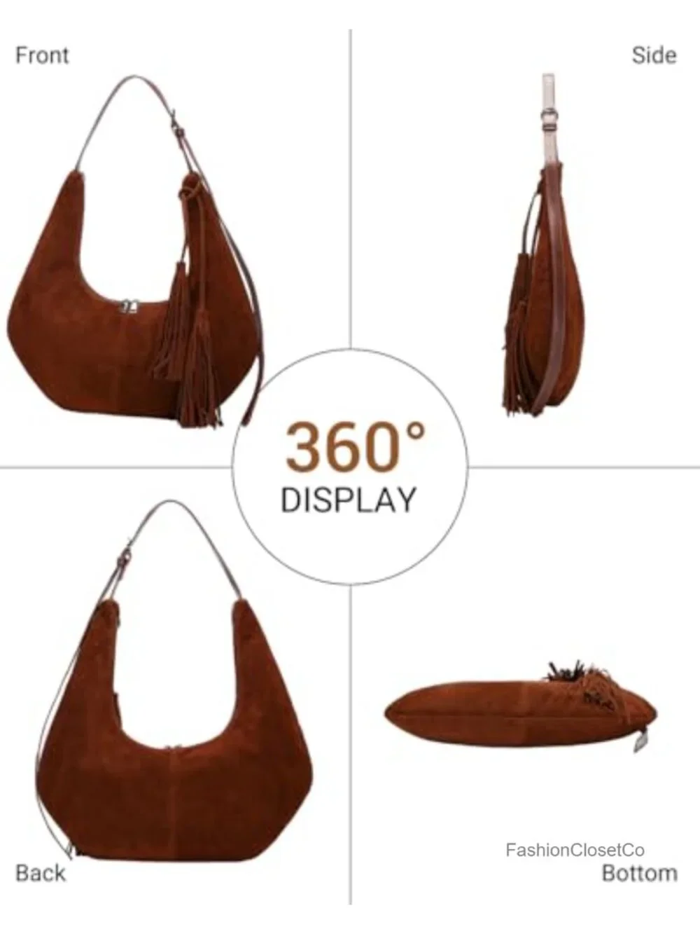 Vintage Suede Hobo Shoulder Bag with Tassel, Adjustable Crossbody Strap